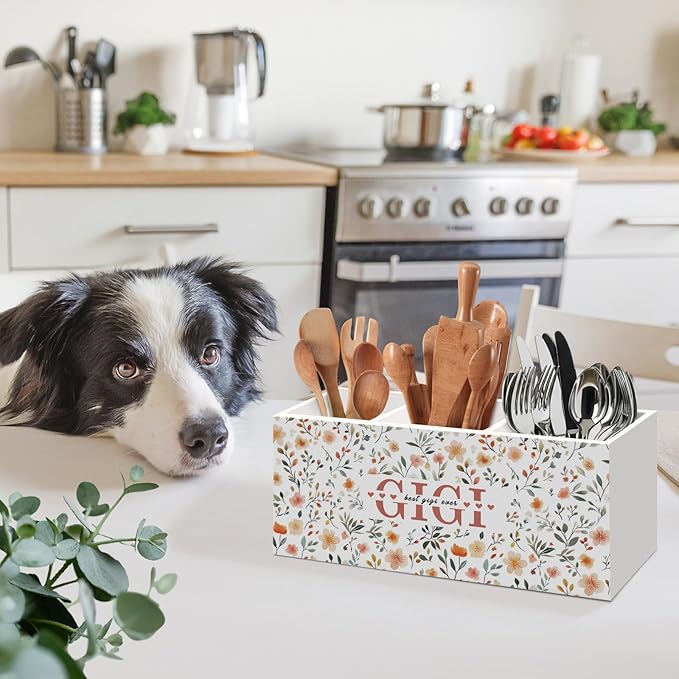 Best Gigi Ever Gifts Kitchen Utensil Holder, Grandma Gifts for Nana Mimi, Mothers Day Birthday Gift for Grandma from Grandkids, Gigi Gift Floral Wooden Cooking Utensil Holder