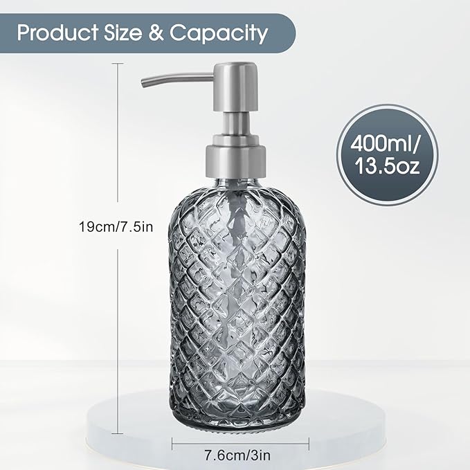 Gem-Patterned Glass Soap Dispenser with Rust Proof Stainless Steel Pump-13 oz Liquid Hand Soap Dispenser for Kitchen & Bathroom,Great for Lotions, Essential Oil, Liquid Soaps-Gray - Image 4