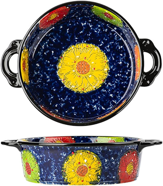 Vintage Style Pottery Bakeware Colorful Daisy Pattern Ceramic Casserole Dish Baking Pan Lasagna Pans Baking Dish with Handles from Oven to Table Plate-1 PCS, 32 OZ by Bicuzat