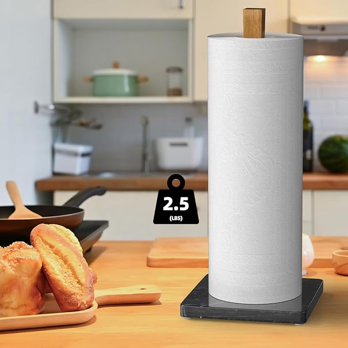 Buruis Wood Paper Towel Holder, Marble Base Modern Decorative Countertop Standing Rolls Holder for Kitchen, Toilet, Pantry and Bathroom (Square Marble Base Black) - Image 5