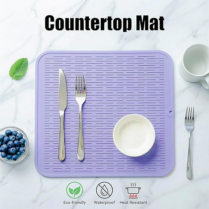 MicoYang Silicone Dish Drying Mat for Multiple Usage,Easy clean,Eco-friendly,Heat-resistant Silicone Mat for Kitchen Counter or Sink,Refrigerator or Drawer Liner Light Purple XL 18 inches x 16 inches - Image 3