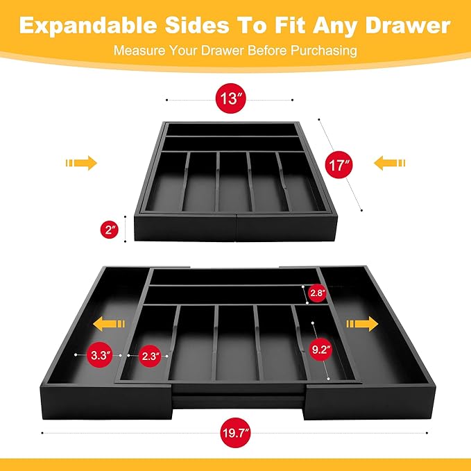 Large Premium Bamboo Silverware Organizer - Expandable Drawer Organizer & Utensil Organizer - 17"x19.7" Cutlery Tray with Dividers for Kitchen Utensils and Flatware (7-9 Slots) (Black) - Image 2