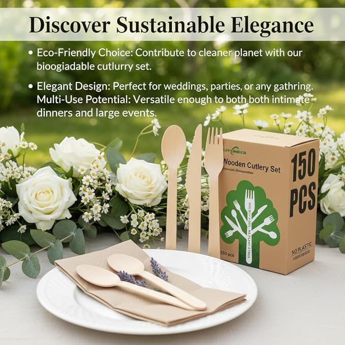 100% Compostable Cutlery Set - 150 Pieces Wooden Compostable Utensils [50 Forks, Knives, Spoons] - Disposable Wooden Cutlery, Eco Friendly Forks & Spoons Set Party Utensils - Image 6