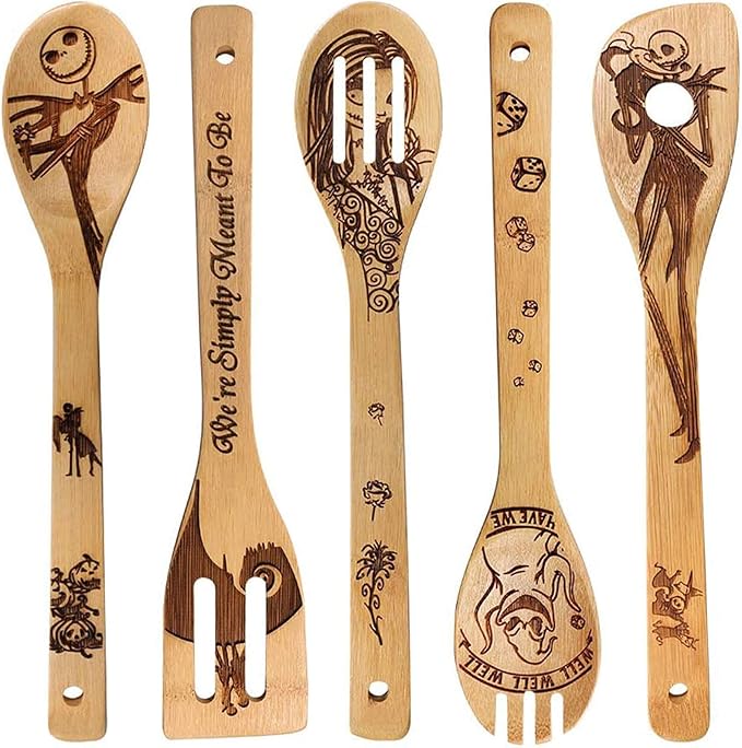 Jack Skellington Wooden Spoons for Cooking Utensils Set - Magic Pattern Burned Spatulas Kitchen Utensil Set for Kitchen Decor,Nightmare Before Christmas GiftS for Fans and Friends