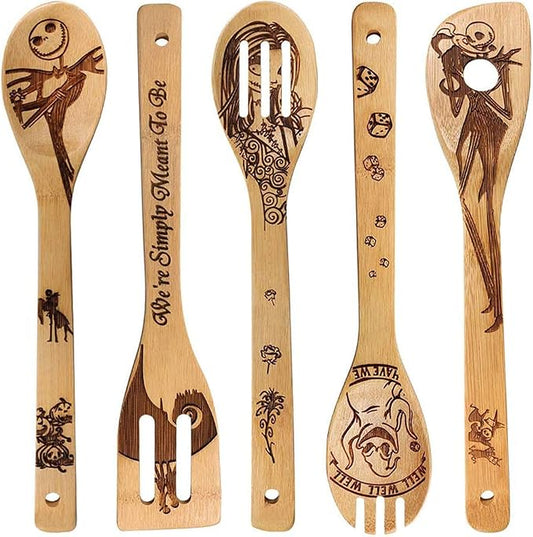 Jack Skellington Wooden Spoons for Cooking Utensils Set - Magic Pattern Burned Spatulas Kitchen Utensil Set for Kitchen Decor,Nightmare Before Christmas GiftS for Fans and Friends