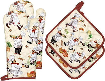 Chef Oven Mitts and Pot Holders Sets 4Pcs, 100% Cotton Heat Resistant, Extra Long Oven Gloves Potholder for Kitchen Cooking Baking Decoration, Housewarming Gifts for Mom by Arquiel