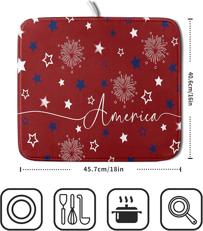 Giwawa 4th of July Dish Drying Mat 16"x18" Patriotic Usa Stars America Firework Dish Drainer Mats Independece Day Reversible Microfiber Dish Drying Pad for Kitchen Countertop Small Decor