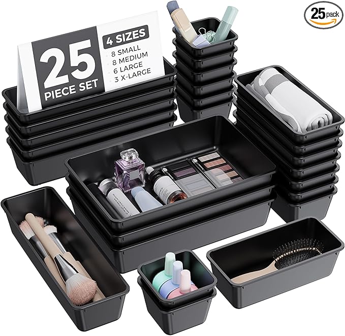 BiuLeon 25 PCS Plastic Drawer Organizers Set, 4-Sizes Vanity and Makeup Organizer, Desk and bathroom Drawer Organizer Trays, Organizers and Storage for Makeup, Jewelry, Gadgets, Utensils (Black) by Unknown