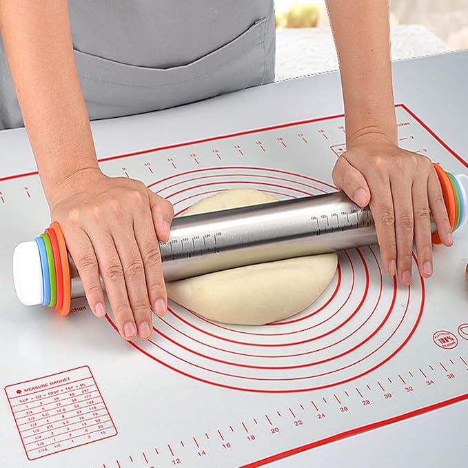 Rolling Pin with Adjustable Thickness Rings and Silicone Baking Pastry Mat Set for Baking,Stainless Steel Dough Roller,Baking Supplies for Cookie Fondant Pizza Cake Pasta(Red) - Image 6