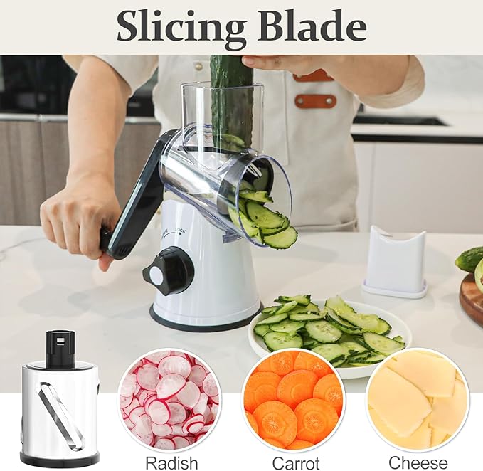 Cambom Rotary Cheese Grater Hand Crank Cheese Shredder for Fresh Cheese, Vegetable, Nuts,Non-slip Suction Base, Free Cleaning Brush Three Blades, White and Black - Image 3