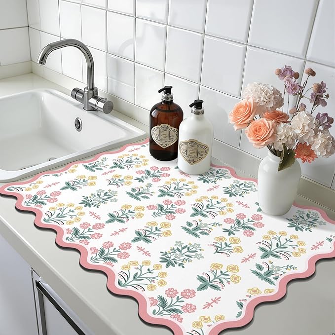 LOKHOM Scalloped Floral Dish Drying Mat, 18"x24" Super Absorbent Coffee Mat with Unique Pink Pastoral Floral, Cuttable Hide Stain Non-slip Drying Mat for Kitchen Counter Coffee Maker Espresso Machine - Image 9