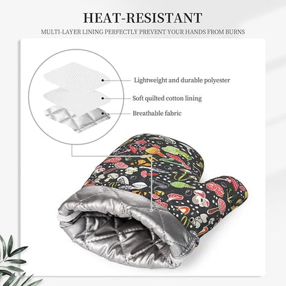 Fresh Mushroom Oven Mitts and Pot Holders Sets of 4,Resistant Hot Pads with Polyester Non-Slip BBQ Gloves for Kitchen,Cooking,Baking,Grilling