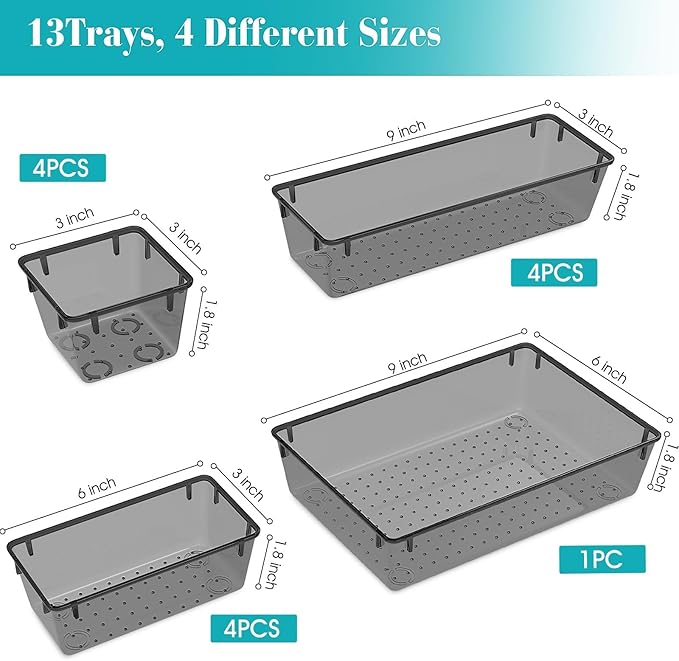 StorMiracle 13 PCS Clear Plastic Drawer Organizers Set, 4 Size Desk Drawer Organizer Trays for Makeup, Jewelry, Kitchen Utensils, Gadgets and Office Accessories, Black - Image 2