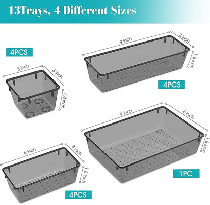 StorMiracle 13 PCS Clear Plastic Drawer Organizers Set, 4 Size Desk Drawer Organizer Trays for Makeup, Jewelry, Kitchen Utensils, Gadgets and Office Accessories, Black - Image 2