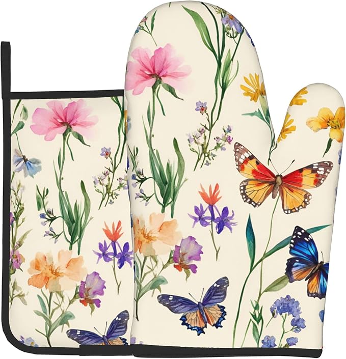 Vintage Floral Oven Mitts and Pot Holders Spring Summer Kitchen Accessories Set of 2 Wildflower Herb Flowers Gloves Potholder for Chef Cooking Baking Grilling BBQ by DZGlobal