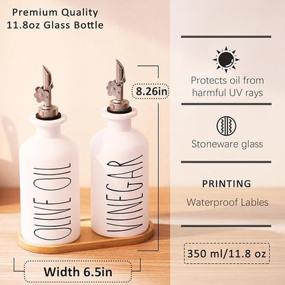 HOMCDALY Premium Olive Oil Dispenser for Kitchen, 11.8oz Glass Oil Bottles with Bamboo Tray, White Oil&Vinegar Cruet Set, Kitchen Dispenser Bottles with Pourer| Set of 2 (11.8oz –P–White) - Image 4