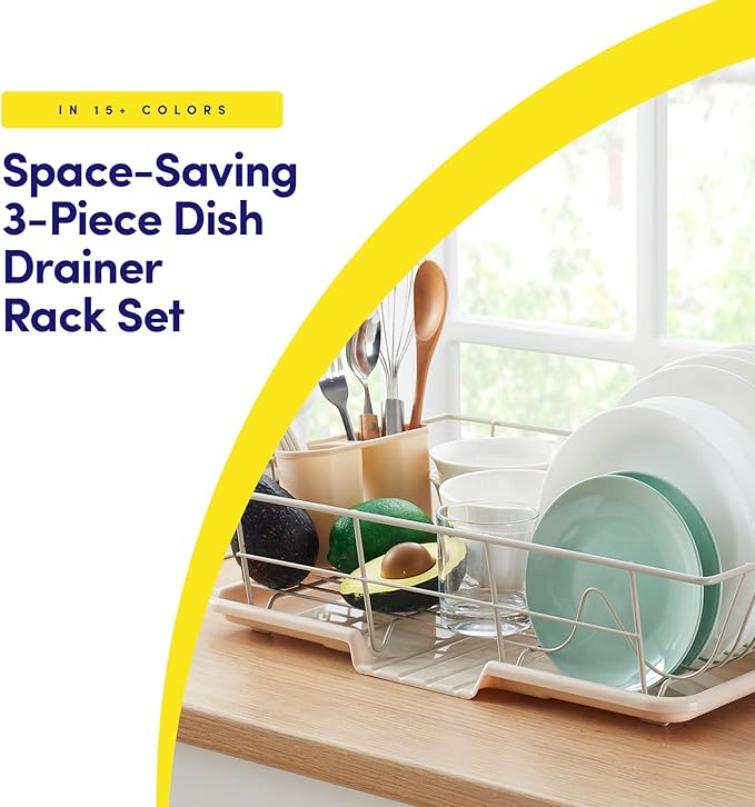 Sweet Home Collection Space-Saving 3-Piece Dish Drainer Rack Set: Efficient Kitchen Organizer for Quick Drying and Storage - Includes Cutlery Holder and Drainboard - Maximize Countertop Space, Beige - Image 2