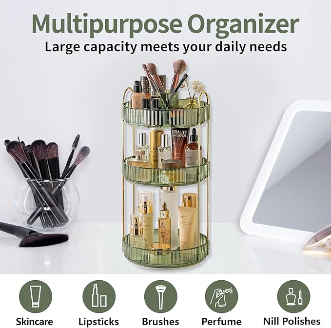 Asayuee 360 Rotating Makeup Organizer,3 Tier Large Capacity Make Up Organizers and Storage,Skincare Perfume Vanity Organizers,Bathroom Cosmetics Storage Organizer Countertop (Green) - Image 6