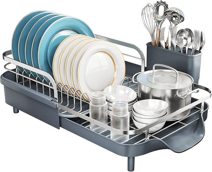 SNTD Dish Drying Rack, Expandable Dish Rack for Kitchen Counter, Stainless Steel Dish Drainer with Drainboard Set and Utensil Holder (Gray) - Image 8