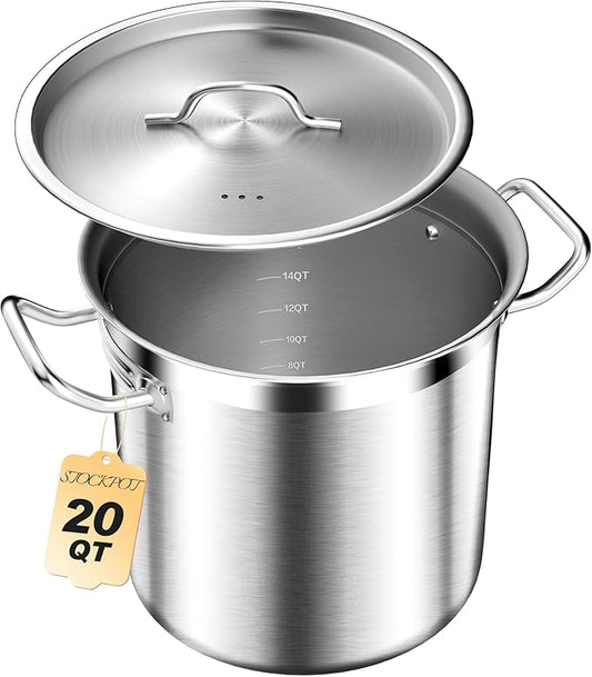 STOCKPOT 20 Quart Soup Pot with Lid – Stainless Steel Stock Pot, Heavy Duty Cooking Pot for Soup, Pasta, Stew – Induction & Oven Safe, Commercial & Home Use