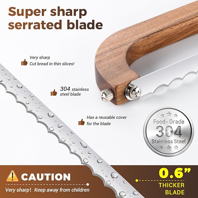 Sourdough bread knife,Bread Slicer for Homemade Bread,Adjustable blade tightness for Even Slicing, Serrated knife,Wooden Bread cutter with Bow Design (3, Red-brown color)