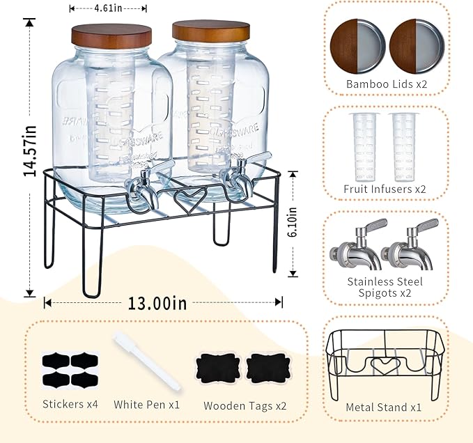 2 Pack1Gallon Glass Drink Dispenser with Stand&Bamboo Lids&Fruit Infuser,304 Stainless Steel Leak-Proof Spigot,Beverage Dispenser for Parties,Water Sangria Juice Sun Tea Lemonade(Brown)