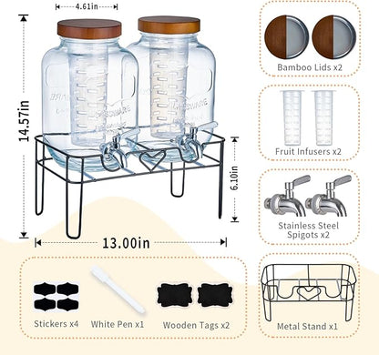 2 Pack1Gallon Glass Drink Dispenser with Stand&Bamboo Lids&Fruit Infuser,304 Stainless Steel Leak-Proof Spigot,Beverage Dispenser for Parties,Water Sangria Juice Sun Tea Lemonade(Brown)