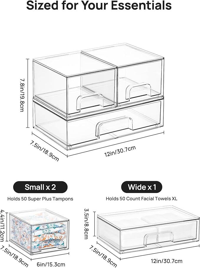 Vtopmart Stackable Storage Drawers Set of 3,Clear Plastic Organizer Bins for Makeup, Cosmetics, Beauty Supplies,Ideal for Vanity, Bathroom,Cabinet,Pantry Organization - Image 5