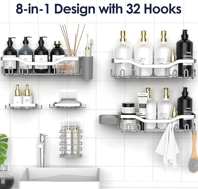 NESOMI Shower Caddy Adhesive Shower Organizer 8-Pack, Rustproof Stainless Steel Bathroom Shelves, Large Capacity No-Drill Rack Storage Accessories with Soap Dish Toothbrush Holder Hooks - Image 4