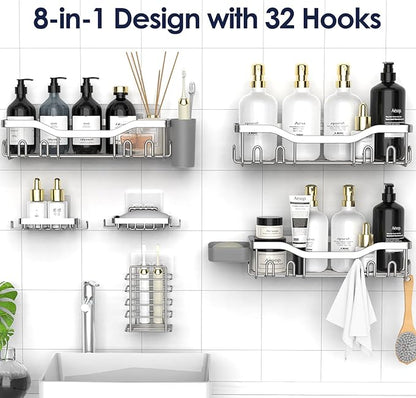 NESOMI Shower Caddy Adhesive Shower Organizer 8-Pack, Rustproof Stainless Steel Bathroom Shelves, Large Capacity No-Drill Rack Storage Accessories with Soap Dish Toothbrush Holder Hooks - Image 4