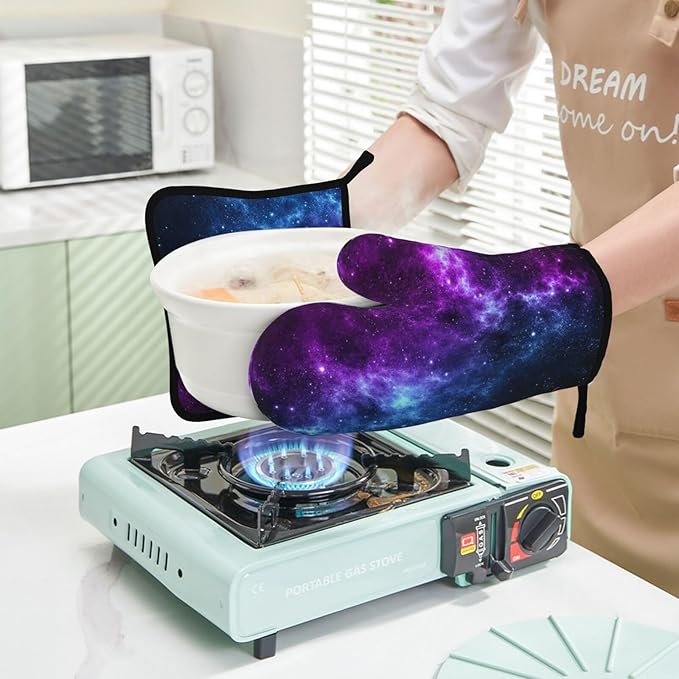 Cool Blue Purple Galaxy Oven Mitts and Pot Holders Sets of 4, Heat Resistant Silicone Oven Mittens and Potholders Gloves Hot Pads for Kitchen Cooking Baking Grilling BBQ Chef - Image 5
