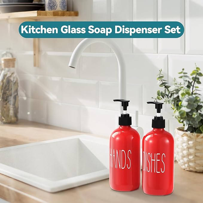 COHOSEGE Glass Soap Dispenser Set 2 Pack,16 Oz Dish Soap Dispenser for Kitchen Sink,Red Kitchen Accessories and Kitchen Decor,Red Decorations and Kitchen Utensils for Kitchen - Image 2