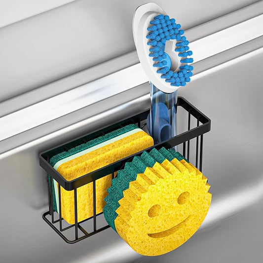 MURLONG Sponge Holder Smiley Face, Sink Caddy for kitchen Sink, Kitchen Organizer Sponge Holder with 2 PCS Suction Cups/1 PCS Adhesive Strips, Designed for Sponge, Soap, Dish brush, Scrubber-Black by MURLONG
