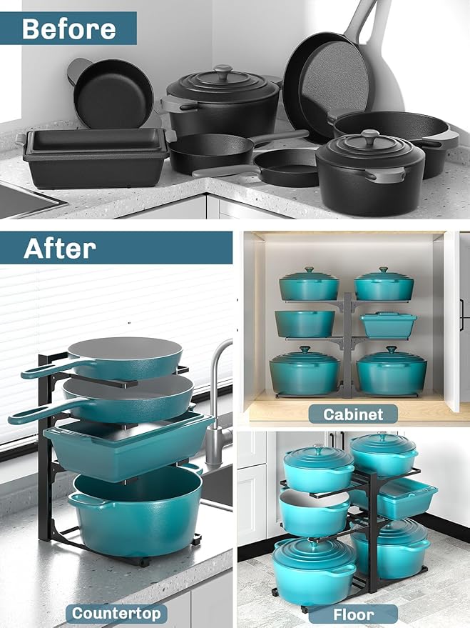 MUDEELA 6-Tier Pots and Pans Organizer under Cabinet, 13.78" Height Heavy Duty Pot and Pan Organizer Kitchen Cabinet Organization and Storage, Adjustable Pot Rack for Frying Pan, Cast Iron Skillet - Image 5