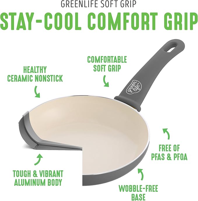 GreenLife 16 Piece Nonstick Cookware Set, Soft Grip Non-Toxic PFAS-Free Ceramic Pots & Pans, Dishwasher & Oven Safe, Frying, Sauce, Saute, Utensils, Glass Lids, Stay-Cool Handles, Wobble Free, Gray - Image 4