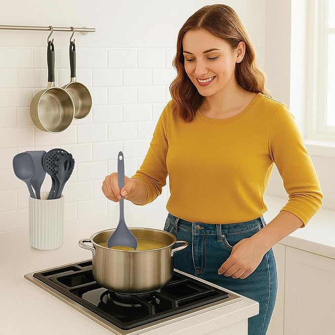 Glad Kitchen Utensils Set, 8pcs - Nonstick Cooking Tools with Utensil Holder - Nylon Spoon, Ladle, Skimmer, Spaghetti Server, and Turner Spatula Set - Dishwasher Safe, Grey - Image 5