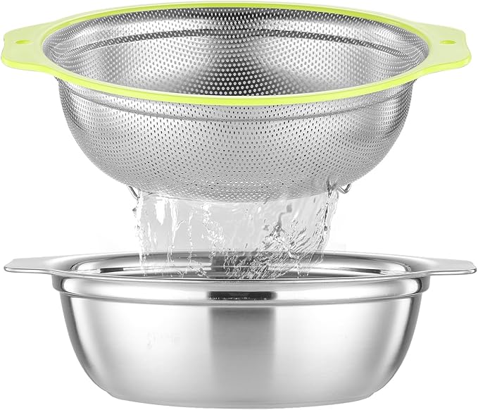 Colander Stainless Steel Microporous, 4QT Large Capacity Rice Strainer with Mixing Bowl, Rice Washing Bowl Set with Handle, Food-Grade Strainers and Colanders for Kitchen, Dishwasher Safe by Unknown