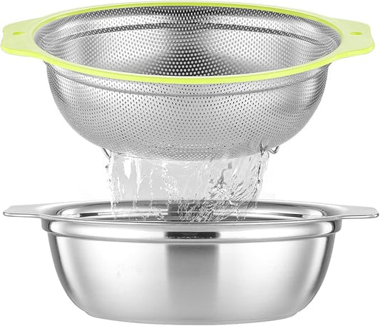 Colander Stainless Steel Microporous, 4QT Large Capacity Rice Strainer with Mixing Bowl, Rice Washing Bowl Set with Handle, Food-Grade Strainers and Colanders for Kitchen, Dishwasher Safe by Unknown