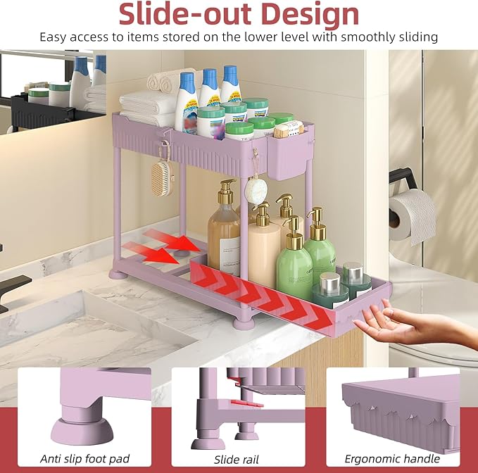 Sevenblue Under Sink Organizer, Bathroom Organizers and Storage, 2 Tier Multi-Use Pull Out Cabinet Organizer with Hang Hooks and Cups (Pink, 4 Pack) - Image 2