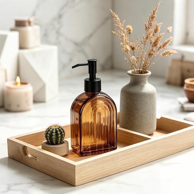 Amber Glass Soap Dispenser with Plastic Pump, 13.5Oz Refillable Liquid Farmhouse Soap Dispenser for Hand and Dish Set for Bathroom Countertop Decor
