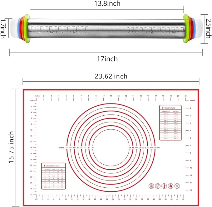 Stainless Steel Rolling Pin and Silicone Mat Set, Adjustable Thickness Rings - For Baking Dough, Pizza, Pies, Pastries, Pasta, Cookies - Image 2