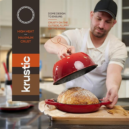 Krustic Enameled Cast Iron Dutch Oven for Sourdough Bread Baking | 6 Quart Pot with Lid | 10 Inch Ceramic Enamel Thick Coated Cookware Set with Non Stick Silicone Baking Mat for Cooking | 6 Qt | Red