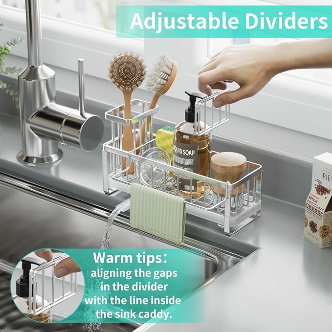 HapiRm Sponge Holder for Kitchen Sink - Self-draining Sink Caddy with Brush Holder and Dishcloth Holder, Stainless Steel Kitchen Organizer - Silver - Image 4