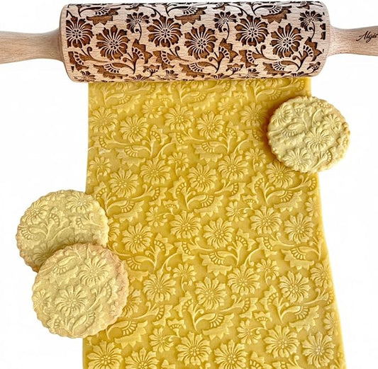 MOSS ROSE Embossed Rolling Pin for Ceramic. Clay Roller and Ceramic Stamp for Embossing Pottery. Baking Gifts for Women by Algis Crafts for Embossed Cookies