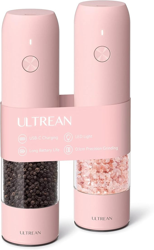 Ultrean Pepper Grinder, Rechargeable Salt and Pepper Grinder with 6 Adjustable Coarseness, LED Light, Automatic Grinder for Kitchen, Cooking Gifts for Women Valentines Day Gifts for Her, Pink by Ultrean