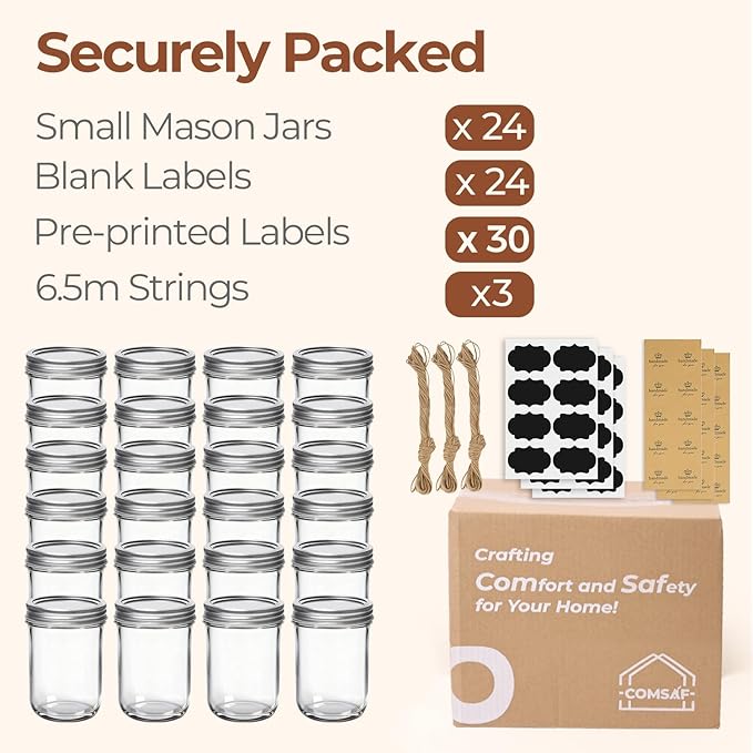 ComSaf Small Mason Jars 8 oz 24Pcs Bulk Set, Half Pint Regular Mouth Mason Jar with Lids and Seal Bands, Glass Canning Jars for Jam, Jelly, Spice, Meal Prep, Shower Wedding Favors, DIY Candles Decor - Image 8