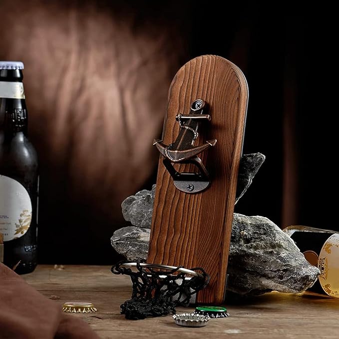 Beer Bottle Opener Wall Mounted with Magnetic Cap Catcher,Wooden Magnetic Bottle Opener for Fridge,Vintage Beer Gifts for Men, Man Cave Decor,Gifts for Men and Beer Lovers(Style 4)