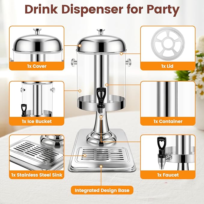2.2 Gallon Beverage Dispenser with Stand, Drink Dispenser for Parties, Stainless Steel Juice Dispensers with Spigot,Ice Core and Tray,Cold beverage dispenser for Parties, Buffet Cafeterias, Homes