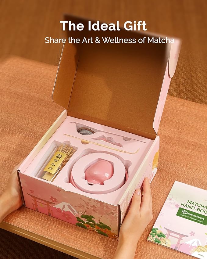 Maestri House Pink Matcha Whisk Set, 7-Pc Complete Matcha Kit with Spouted Ceramic Bowl, Bamboo Whisk and Holder, Scoop, Spoon Rest & Sifter, Tea Cloth – Ideal Gift for Matcha Lovers (Pink) - Image 3