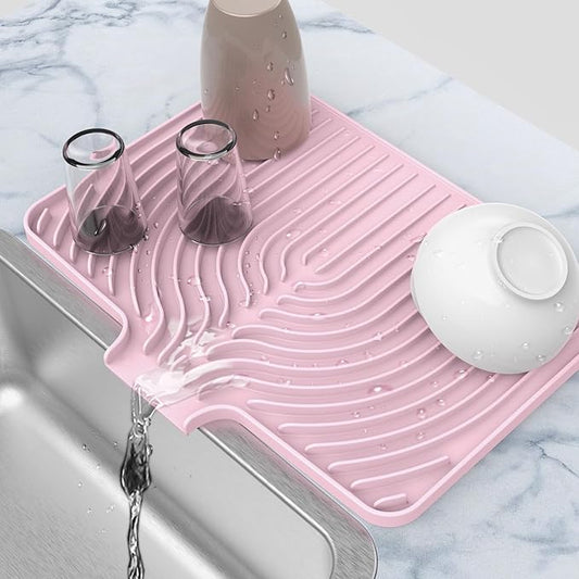 Silicone Drying Mat for Kitchen Counter , Dish Drying Rack Matt with Built in Drain, 18 Inch Dry Mats for Dishes Drying Pad for Kitchen Counter (18×12inch, pink)